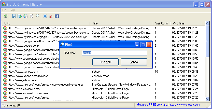 SterJo Chrome History interface showing Chrome browsing history