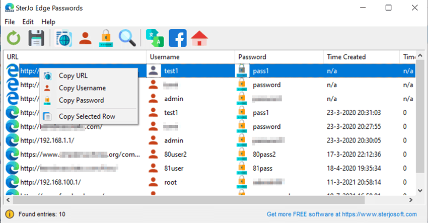 Screenshot of SterJo Edge Passwords interface showing recovered saved passwords