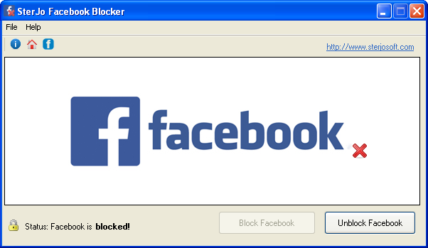 SterJo Facebook Blocker software interface showing Facebook blocking status