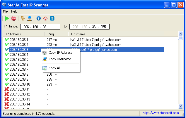 Screenshot of SterJo Fast IP Scanner scanning network devices