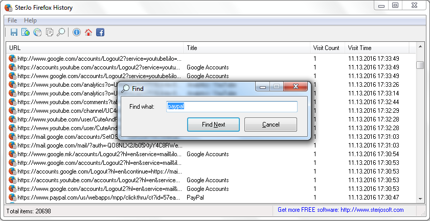 SterJo Firefox History software interface showing Firefox browsing history