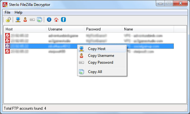 Screenshot of SterJo FileZilla Decryptor showing recovered FTP site credentials