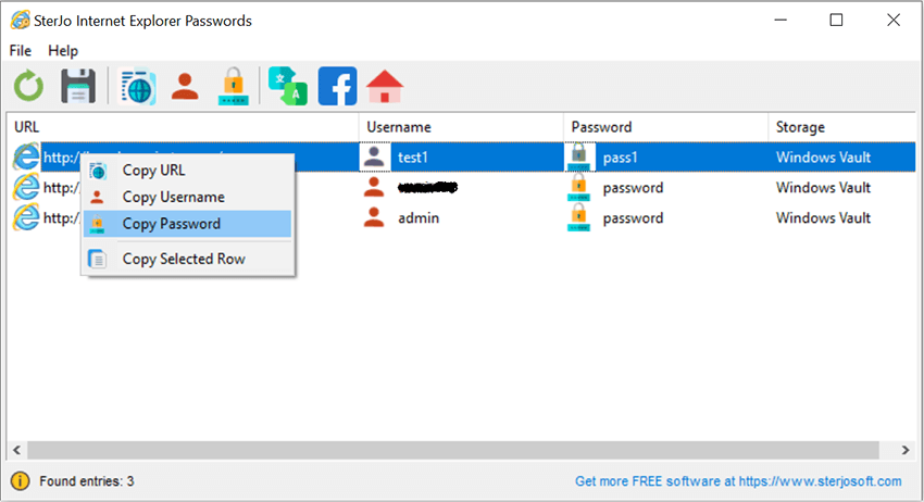 Screenshot of SterJo Internet Explorer Passwords interface