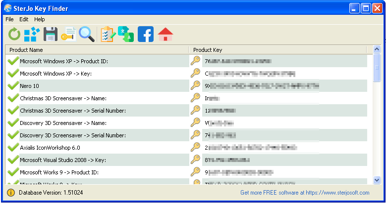 SterJo Key Finder main window showing recovered keys