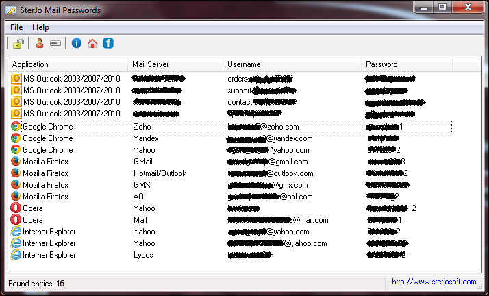SterJo Mail Passwords displaying recovered email usernames and passwords