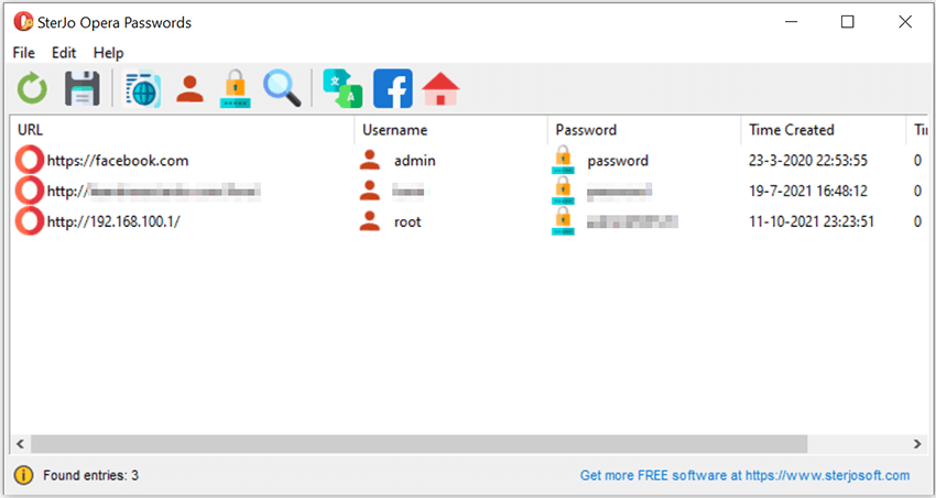 Screenshot of SterJo Opera Passwords revealing saved Opera browser passwords