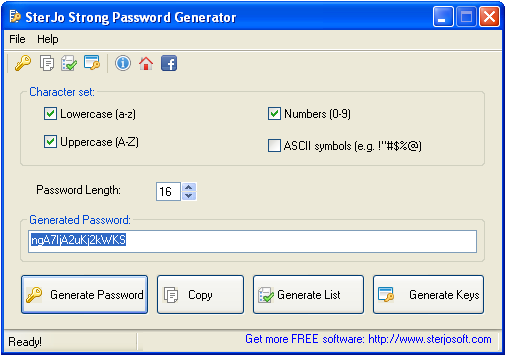 SterJo Strong Password Generator user interface showing password creation options