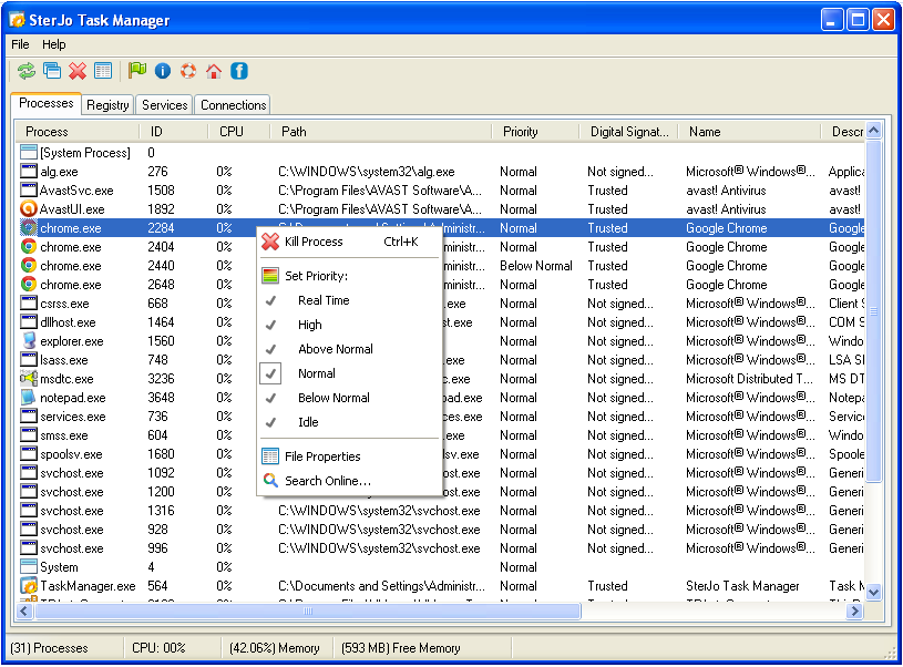 SterJo Task Manager main window showing processes, services and network connections
