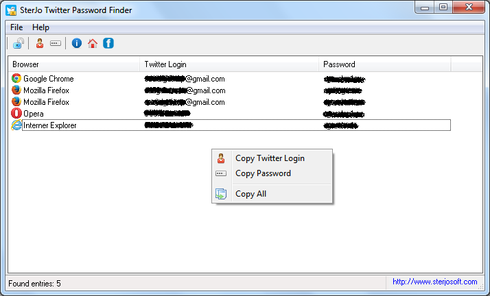 SterJo Twitter Password Finder - recover saved Twitter passwords