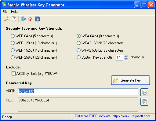 SterJo Wireless Key Generator interface showing WiFi key generation options