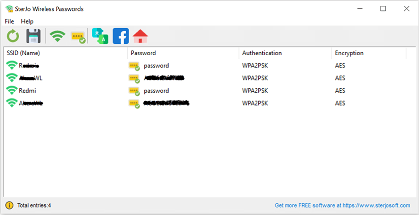 SterJo Wireless Passwords main window showing saved networks and passwords