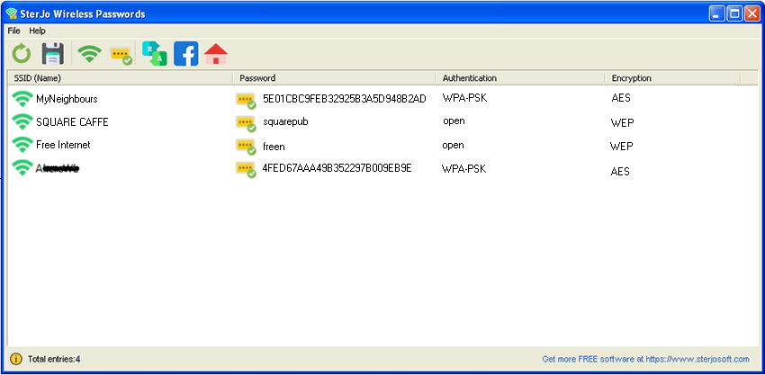 SterJo Wireless Passwords showing Windows XP WPA HEX password