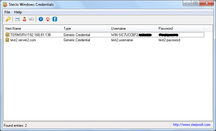 SterJo Windows Credentials showing recovered usernames and passwords from Windows Credential Manager